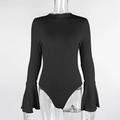 Detail of black ribbed bodysuit featuring elegant bell sleeves and slim fit design - S / Black