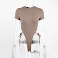 Eng anliegender kaffeebrauner Rippen-Bodysuit mit kurzen Ärmeln und Schnürung - XS / Khaki