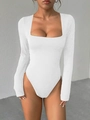 Detail of white square neck long sleeve bodysuit showing slim fit and knitted texture - S / White