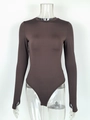 Detail view of smooth chocolate brown long sleeve bodysuit with crew neck on mannequin - S / Brown
