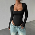 Slim fit black long sleeve bodysuit with square neck paired with light blue jeans - S / Black