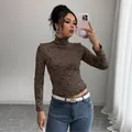 Slim fit dark brown long sleeve thermal mock neck top with delicate lace pattern - XS / Brown