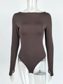 Detail of chocolate long sleeve bodysuit with off-shoulder neck and thumbhole cuffs - S / Brown