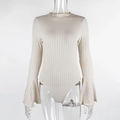 Beige ribbed knit bodysuit featuring elegant bell sleeves and a slim fit design - S / Apricot