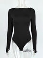 Detail of black long sleeve bodysuit with off-shoulder neckline and thumbhole cuffs - S / Black