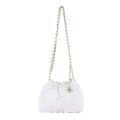 White quilted crossbody bucket bag with gold chain strap and elegant orb detail - White