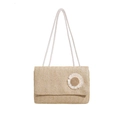 Petit sac carré en paille avec marguerite blanche et poignée en corde de coton - Kaki