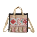 Ethnic style linen tote bag with colorful floral embroidery and pink tassel charms - Pink