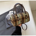 Retro plaid wool Boston handbag with green-brown check pattern and leather handles - Light Green Gingham