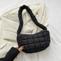 Minimalist black quilted puffer shoulder bag with ruched strap for autumn fashion - Black
