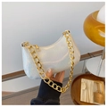 Iridescent silver glitter half-moon shoulder bag with chunky gold chain strap - White