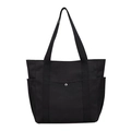 Classic black canvas tote bag with front snap pocket and side pouches for daily commute - Black