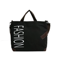 Large black canvas tote bag with brown straps and vertical FASHION print detail - Black