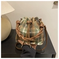 Green and brown checkered wool drawstring bucket bag with a braided leather handle - Green Without Pendant