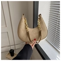 Detail of khaki felt crescent bag featuring a bold gold chain strap and smooth handle - Khaki