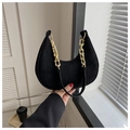 Detail of black crescent hobo bag in felt fabric with chunky gold chain and slim strap - Black