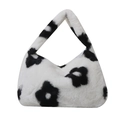 Borsa a mano in peluche con motivo floreale bianco e nero e design triangolare - Nero