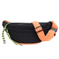 Fashionable black nylon waist bag with contrasting orange strap and neon yellow pulls - Black
