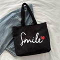 Μαύρη κοτλέ τσάντα με τύπωμα Smile και κόκκινη καρδιά για καθημερινό γυναικείο στυλ - Μαύρο