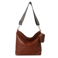 Brown faux leather hobo bag with ethnic style wide strap and mini coin purse charm - Brown
