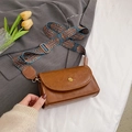 Braune Vintage-Umhängetasche aus Leder mit Blumen-Logo und buntem Webriemen - Braun
