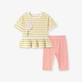 Girls' summer outfit featuring yellow striped sunflower top and pink checkered pants - 2Y(90cm) / Yellow Stripe/Pink Check