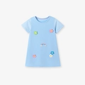 Abito a trapezio celeste da bambina con ricami floreali e maniche a righe - 3Y(100cm) / Abito da Principessa con Applique Celeste (S3233)
