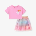 Completo con top corto rosa a maniche corte e gonna tutu in tulle arcobaleno - 2 Anni(90cm) / Set Arcobaleno Rosa