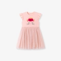 Rosa Katzenmädchen Kleid mit Tüllrock und floraler Kronen-Stickerei für Kinder - 2Y(90cm) / Rosa (KS099)