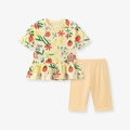 Ensemble d'été fille avec t-shirt imprimé fruits et ourlet volanté jaune clair - 2Y(90cm) / Jaune Pâle Floral (2198)