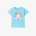 Sky blue cotton t-shirt for girls featuring a cute cartoon cat and rainbow print - Sky Blue Rainbow Cat (5097) / 2Y(90cm)