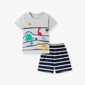 Kurzärmliges graues T-Shirt mit Cartoon-Dinosauriern und marineblau gestreifte Shorts - 2Y(90cm) / Dinosaurier Gestreiftes Outfit