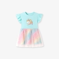 Abito estivo da bambina azzurro con stampa di unicorno e gonna in tulle arcobaleno - 2Y(90cm) / Blu Chiaro (KS0159)
