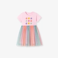 Pink short sleeve dress for girls with floral print and rainbow tulle tutu skirt - 2Y(90cm) / Pink Rainbow Patchwork Mesh Style (KS0127)