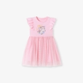 Rosa Mädchenkleid mit Einhorn-Print, Flügelärmeln und mehrlagigem Tüllrock - 2Y(90cm) / Rosa
