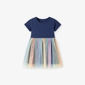 Robe marine à manches courtes pour filles avec jupe en tulle arc-en-ciel colorée - 2Y(90cm) / Bleu Foncé (KS0169)