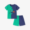 Ensemble d'été pour garçon avec imprimé dinosaure vert et patchwork bleu contrasté - 2Y(90cm) / Bloc de Couleur Vert et Marine (K2158)