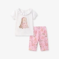 Mädchen Sommer-Set mit weißem Rüschen-Oberteil und rosa Hose mit süßem Hasenmuster - 2Y(90cm) / Weißes Cartoon-Kaninchen-Top + Rosa Blumenhose (2211)