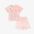 Ensemble d'été rose pour fillettes avec motif chat mignon et short rayé à volants - 2Y(90cm) / Rose Imprimé Chat (K2135)