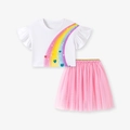 Girls' white rainbow T-shirt and pink layered tulle skirt set for cute summer style - 2Y(90cm) / K2139