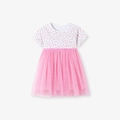 Kurzärmeliges Blumenkleid für Mädchen mit mehrlagigem rosa Netz-Tüllrock - 2Y(90cm) / Rosa Blumig