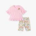 Ensemble d'été rose pour fille avec broderie arc-en-ciel et pantalon à fleurs - 2Y(90cm) / Rose