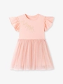 Abito rosa da bambina con gonna in tulle, maniche a balze e fiocco dorato - 2Y(90cm) / Stile Fiocco Rosa (KS0175)