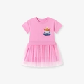 Abito rosa a maniche corte per bambina con ricamo volpe e gonna in tulle a più strati - Rosa (S3256) / 2Y(90cm)