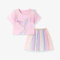 Ensemble d'été pour fille avec t-shirt sirène rose et jupe tutu arc-en-ciel - 90cm / Ensemble Sirène Rose (K2163)