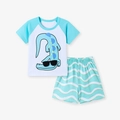 Ensemble été garçon en coton avec t-shirt crocodile et short à vagues bleues - Blanc & Bleu Clair Crocodile (2181) / 6Y(130cm)