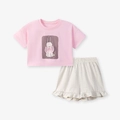 Ensemble été fille avec t-shirt lapin rose à nœud en tulle et short gris à volants - 2Y(90cm) / Ensemble Lapin Rose (2216)