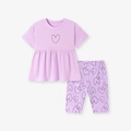 Toddler girl light purple cotton set with heart print ruffle top and leggings - 2Y(90cm) / Lavender