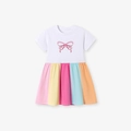 Short sleeve girls dress with colorful patchwork skirt and pink bow graphic - 2Y(90cm) / Bow Rainbow Stripe (KS0129)