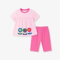 Pink girl's summer two-piece outfit featuring sunflower applique and fitted shorts - 2Y(90cm) / Light Pink + Rose Pink (K2155)